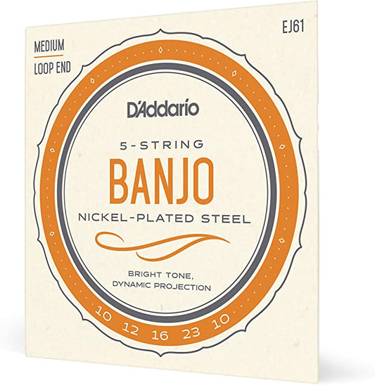 D'Addario EJ61 5-String Nickel-plated Steel Banjo Strings Medium Loop End 10-23
